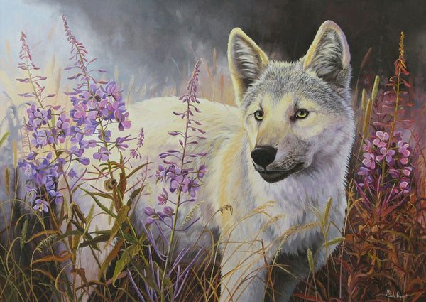 Carte de souhait sans texte, enveloppe incluse, collection de cartes des œuvres de Monique Benoit, peintre animalière et naturaliste, Centre d’art Monique et Gisèle Benoit, Sainte-Anne-des-Monts, Gaspésie, art animalier. Scène d'hiver, loup, prédateur.