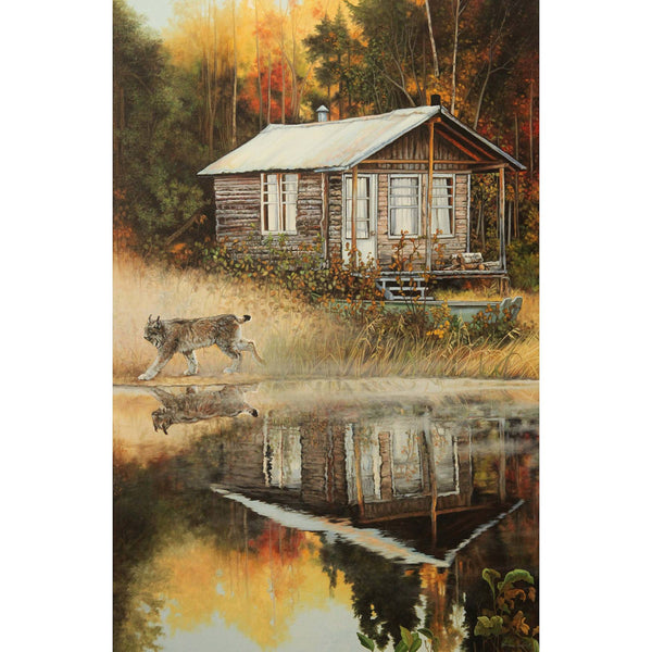 Carte de souhait sans texte, enveloppe incluse, collection de cartes des œuvres de Monique Benoit, peintre animalière et naturaliste, Centre d’art Monique et Gisèle Benoit, Sainte-Anne-des-Monts, Gaspésie, art animalier. Lynx du Canada, félin, scène d'automne, prédateur.
