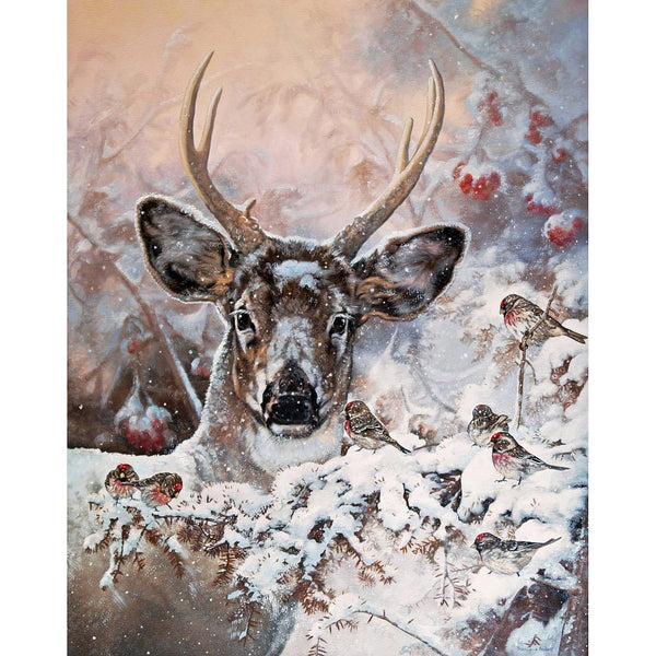 Carte de souhait sans texte, enveloppe incluse, collection de cartes des œuvres de Monique Benoit, peintre animalière et naturaliste, Centre d’art Monique et Gisèle Benoit, Sainte-Anne-des-Monts, Gaspésie, art animalier. Cerf de Virginie, sizerins, oiseaux, chevreuil, scène d'hiver.