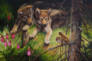 Carte de souhait sans texte, enveloppe incluse, collection de cartes des œuvres de Gisèle Benoit, peintre animalière et naturaliste, Centre d’art Monique et Gisèle Benoit, Sainte-Anne-des-Monts, Gaspésie, art animalier. Louveteaux, prédateurs, écureuil roux, fleurs sauvages, scène d'été.