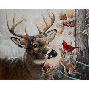 Carte de souhait sans texte, enveloppe incluse, collection de cartes des œuvres de Monique Benoit, peintre animalière et naturaliste, Centre d’art Monique et Gisèle Benoit, Sainte-Anne-des-Monts, Gaspésie, art animalier. Scène d'hiver, cerf de Virginie, chevreuil, oiseau, cardinal.