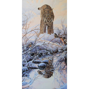 Tableau original de Gisèle Benoit peintre animalière,naturaliste, huile sur toile, scène de la faune canadienne, galerie d’art, Centre Monique et Gisèle Benoit, Sainte-Anne-des-Monts, Gaspésie, art animalier, musée, exposition, peintures, cadres. Lynx du Canda, prédateurs, scène d'hiver, paysage, oiseaux.