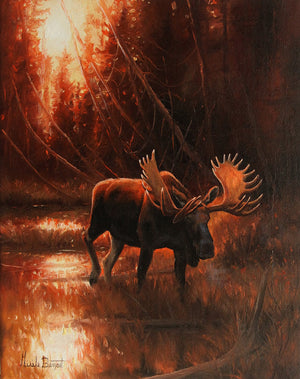 Tableau original de Gisèle Benoit peintre animalière et naturaliste, huile sur toile, scène de la faune canadienne, galerie d’art, Centre Monique et Gisèle Benoit, Sainte-Anne-des-Monts, Gaspésie, art animalier, musée, exposition, peintures, cadres. Orignal, scène d'automne, paysage.