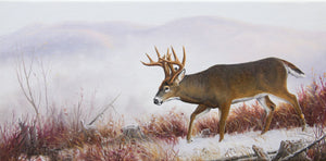 Tableau original de Gisèle Benoit peintre animalière et naturaliste, huile sur toile, scène de la faune canadienne, galerie d’art, Centre Monique et Gisèle Benoit, Sainte-Anne-des-Monts, Gaspésie, art animalier, musée, exposition, peintures, cadres. Cerf de Virginie, scène d'hiver.