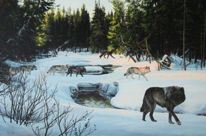 Carte de souhait sans texte, enveloppe incluse, collection de cartes des œuvres de Gisèle Benoit, peintre animalière et naturaliste, Centre d’art Monique et Gisèle Benoit, Sainte-Anne-des-Monts, Gaspésie, art animalier. Loups gris, prédateurs, scène d'hiver.