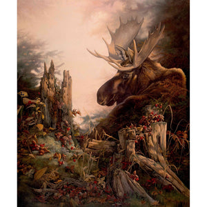 Tableau original de Monique Benoit peintre animalière et naturaliste, huile sur toile, scène de la faune canadienne, galerie d’art, Centre Monique et Gisèle Benoit, Sainte-Anne-des-Monts, Gaspésie, art animalier, musée, exposition, peintures, cadres. Orignal, cervidé,  scène d'automne.