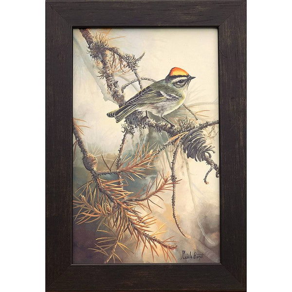 Photolithographie, reproduction de qualité de l’œuvre originale de Gisèle Benoit peintre animalière et naturaliste, galerie d’art, Centre Monique et Gisèle Benoit, Sainte-Anne-des-Monts, Gaspésie, art animalier, musée, exposition, peintures, cadres. Roitelet à couronne dorée, oiseau, scène d'été.