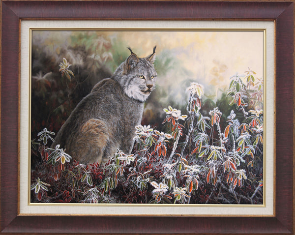 Giclée sur toile, reproduction haut de gamme de l’œuvre originale de Gisèle Benoit peintre animalière et naturaliste, galerie d’art, Centre Monique et Gisèle Benoit, Sainte-Anne-des-Monts, Gaspésie, art animalier, musée, exposition, peintures, cadres. Lynx du Canada, prédateur, félin, scène d'automne.
