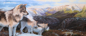 Impression sur alupanel, reproduction haut de gamme de l’œuvre originale de Gisèle Benoit peintre animalière et naturaliste, galerie d’art, Centre Monique et Gisèle Benoit, Sainte-Anne-des-Monts, Gaspésie, art animalier, musée, exposition, peintures, cadres. Loups gris, prédateurs, scène d'hiver, caribous, cervidés.