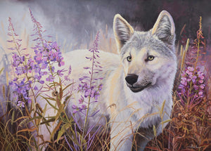 Giclée sur toile, reproduction haut de gamme de l’œuvre originale de Gisèle Benoit peintre animalière et naturaliste, galerie d’art, Centre Monique et Gisèle Benoit, Sainte-Anne-des-Monts, Gaspésie, art animalier, musée, exposition, peintures, cadres. Loups gris, prédateurs, scène d'été, fleurs sauvages.