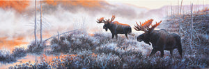 Giclée sur toile, reproduction haut de gamme de l’œuvre originale de Gisèle Benoit peintre animalière et naturaliste, galerie d’art, Centre Monique et Gisèle Benoit, Sainte-Anne-des-Monts, Gaspésie, art animalier, musée, exposition, peintures, cadres. Orignaux, cervidés, scène d'automne, paysage.