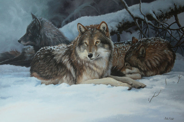Carte de souhait sans texte, enveloppe incluse, collection de cartes des œuvres de Gisèle Benoit, peintre animalière et naturaliste, Centre d’art Monique et Gisèle Benoit, Sainte-Anne-des-Monts, Gaspésie, art animalier. Loups gris, prédateurs, scène d'hiver.