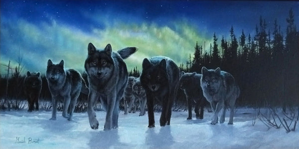 Giclée sur toile, reproduction haut de gamme de l’œuvre originale de Gisèle Benoit peintre animalière et naturaliste, galerie d’art, Centre Monique et Gisèle Benoit, Sainte-Anne-des-Monts, Gaspésie, art animalier, musée, exposition, peintures, cadres. Loups gris, prédateurs, scène d'hiver.