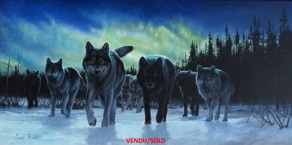 Tableau original de Gisèle Benoit peintre animalière et naturaliste, huile sur toile, scène de la faune canadienne, galerie d’art, Centre Monique et Gisèle Benoit, Sainte-Anne-des-Monts, Gaspésie, art animalier, musée, exposition, peintures, cadres. Scène d'hiver, loups, prédateurs.