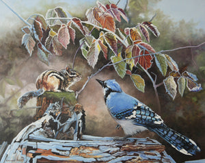 Tableau original de Monique Benoit peintre animalière et naturaliste, huile sur toile, scène de la faune canadienne, galerie d’art, Centre Monique et Gisèle Benoit, Sainte-Anne-des-Monts, Gaspésie, art animalier, musée, exposition, peintures, cadres. Tamia rayé, geai bleu, rongeur, oiseau, scène d'automne.