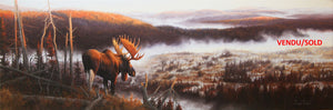 Tableau original de Gisèle Benoit peintre animalière,naturaliste, huile sur toile, scène de la faune canadienne, galerie d’art, Centre Monique et Gisèle Benoit, Sainte-Anne-des-Monts, Gaspésie, art animalier, musée, exposition, peintures, cadres. Orignal, cervidé, scène d'automne, paysage.