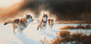 Tableau original de Gisèle Benoit peintre animalière,naturaliste, huile sur toile, scène de la faune canadienne, galerie d’art, Centre Monique et Gisèle Benoit, Sainte-Anne-des-Monts, Gaspésie, art animalier, musée, exposition, peintures, cadres. Loups, prédateurs, scène d'hiver, paysage.