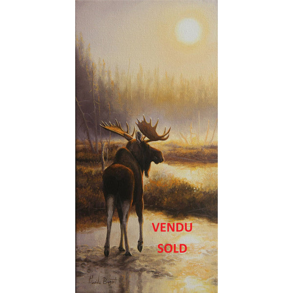 Tableau original de Monique Benoit peintre animalière et naturaliste, huile sur toile, scène de la faune canadienne, galerie d’art, Centre Monique et Gisèle Benoit, Sainte-Anne-des-Monts, Gaspésie, art animalier, musée, exposition, peintures, cadres. Orignal, cervidé, scène d'automne.