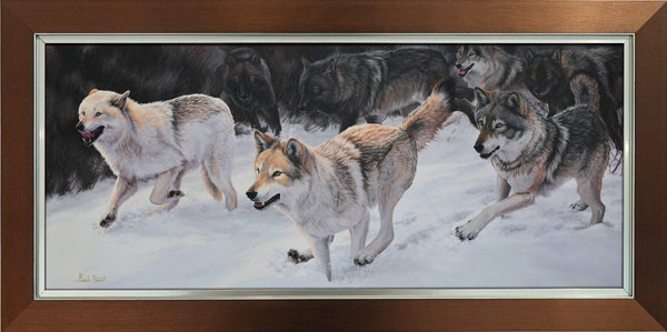 Giclée sur toile, reproduction haut de gamme de l’œuvre originale de Gisèle Benoit peintre animalière et naturaliste, galerie d’art, Centre Monique et Gisèle Benoit, Sainte-Anne-des-Monts, Gaspésie, art animalier, musée, exposition, peintures, cadres. Loups gris, prédateurs, scène d'hiver.