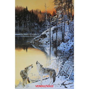 Tableau original de Monique Benoit peintre animalière,naturaliste, huile sur toile, scène de la faune canadienne, galerie d’art, Centre Monique et Gisèle Benoit, Sainte-Anne-des-Monts, Gaspésie, art animalier, musée, exposition, peintures, cadres. Loups gris, prédateurs, scène d'hiver, paysage.
