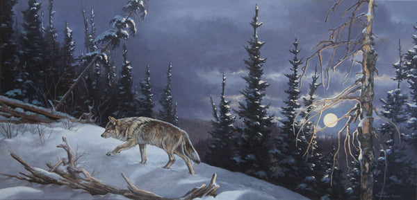 Tableau original de Monique Benoit peintre animalière,naturaliste, huile sur toile, scène de la faune canadienne, galerie d’art, Centre Monique et Gisèle Benoit, Sainte-Anne-des-Monts, Gaspésie, art animalier, musée, exposition, peintures, cadres. Loups gris, scène d'hiver, prédateurs.