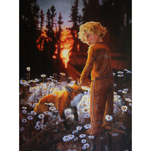 Giclée sur toile, reproduction haut de gamme de l’œuvre originale de Gisèle Benoit peintre animalière, naturaliste, galerie d’art, Centre Monique et Gisèle Benoit, Sainte-Anne-des-Monts, Gaspésie, art animalier, musée, exposition, peintures, cadres. Renard, prédateur, personnage, fleurs sauvages, scène d'été, paysage.