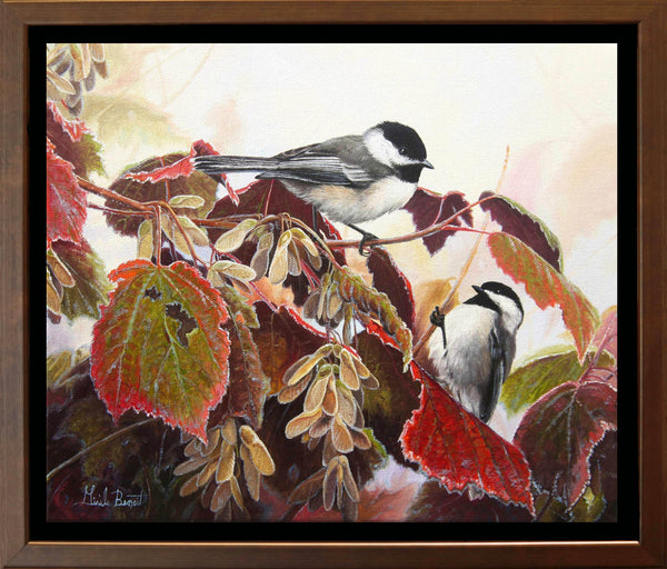 Giclée sur toile, reproduction haut de gamme de l’œuvre originale de Gisèle Benoit peintre animalière et naturaliste, galerie d’art, Centre Monique et Gisèle Benoit, Sainte-Anne-des-Monts, Gaspésie, art animalier, musée, exposition, peintures, cadres. Oiseau, scène d'automne.