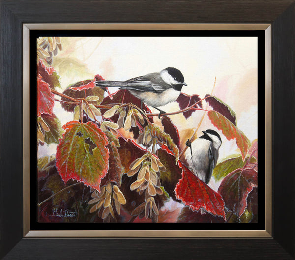 Giclée sur toile, reproduction haut de gamme de l’œuvre originale de Gisèle Benoit peintre animalière et naturaliste, galerie d’art, Centre Monique et Gisèle Benoit, Sainte-Anne-des-Monts, Gaspésie, art animalier, musée, exposition, peintures, cadres. Oiseau, scène d'automne.