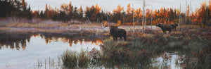 Giclée sur toile, reproduction haut de gamme de l’œuvre originale de Gisèle Benoit peintre animalière et naturaliste, galerie d’art, Centre Monique et Gisèle Benoit, Sainte-Anne-des-Monts, Gaspésie, art animalier, musée, exposition, peintures, cadres. Orignaux, cervidés, scène d'automne, paysage.