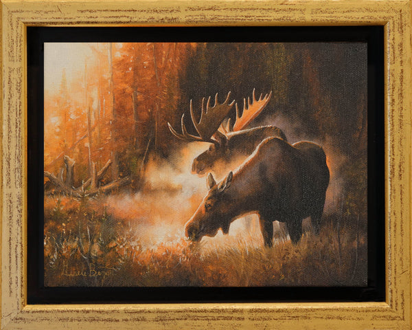 Giclée sur toile, reproduction haut de gamme de l’œuvre originale de Gisèle Benoit peintre animalière et naturaliste, galerie d’art, Centre Monique et Gisèle Benoit, Sainte-Anne-des-Monts, Gaspésie, art animalier, musée, exposition, peintures, cadres. Scène d'automne, orignal, oiseaux, cervidé.