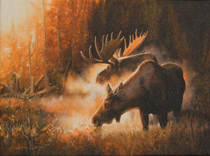 Giclée sur toile, reproduction haut de gamme de l’œuvre originale de Gisèle Benoit peintre animalière et naturaliste, galerie d’art, Centre Monique et Gisèle Benoit, Sainte-Anne-des-Monts, Gaspésie, art animalier, musée, exposition, peintures, cadres. Scène d'automne, orignal, oiseaux, cervidé.