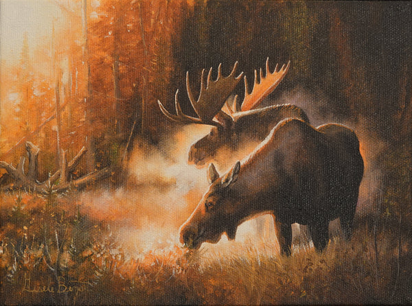 Giclée sur toile, reproduction haut de gamme de l’œuvre originale de Gisèle Benoit peintre animalière et naturaliste, galerie d’art, Centre Monique et Gisèle Benoit, Sainte-Anne-des-Monts, Gaspésie, art animalier, musée, exposition, peintures, cadres. Scène d'automne, orignal, oiseaux, cervidé.